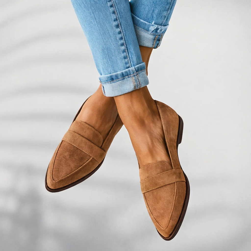 Woman showcasing polished slip-on loafers with a plain background.