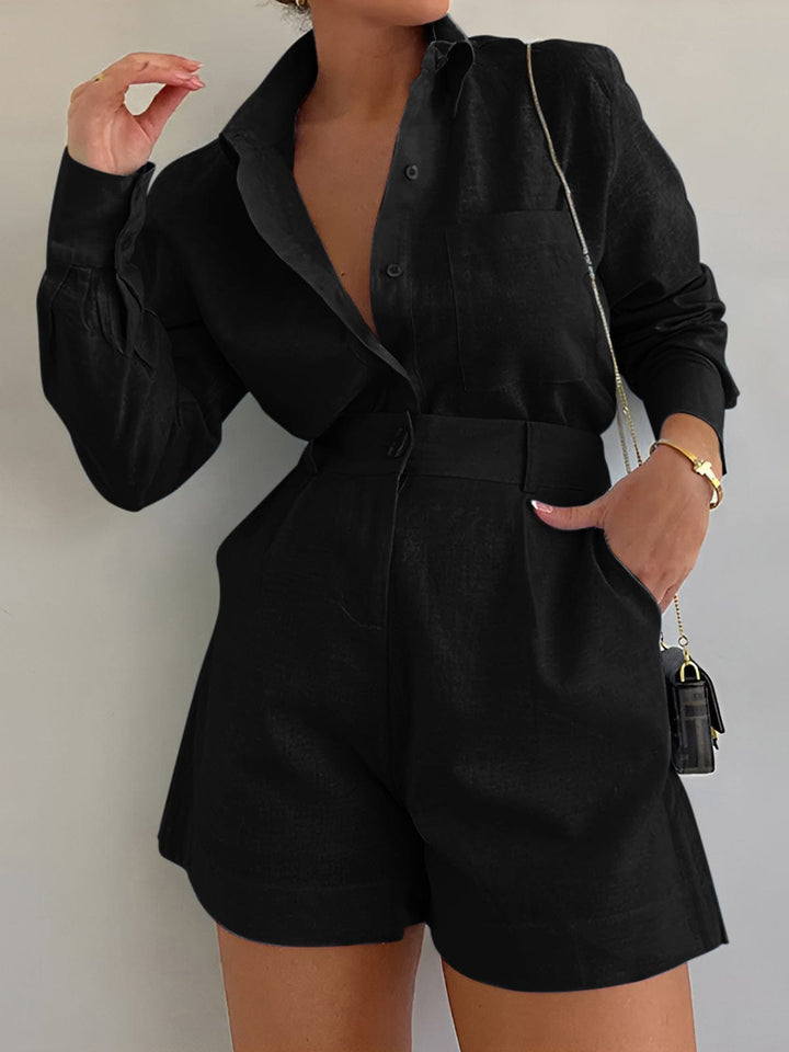 Female model showcasing a summer co ord outfit on a plain background.