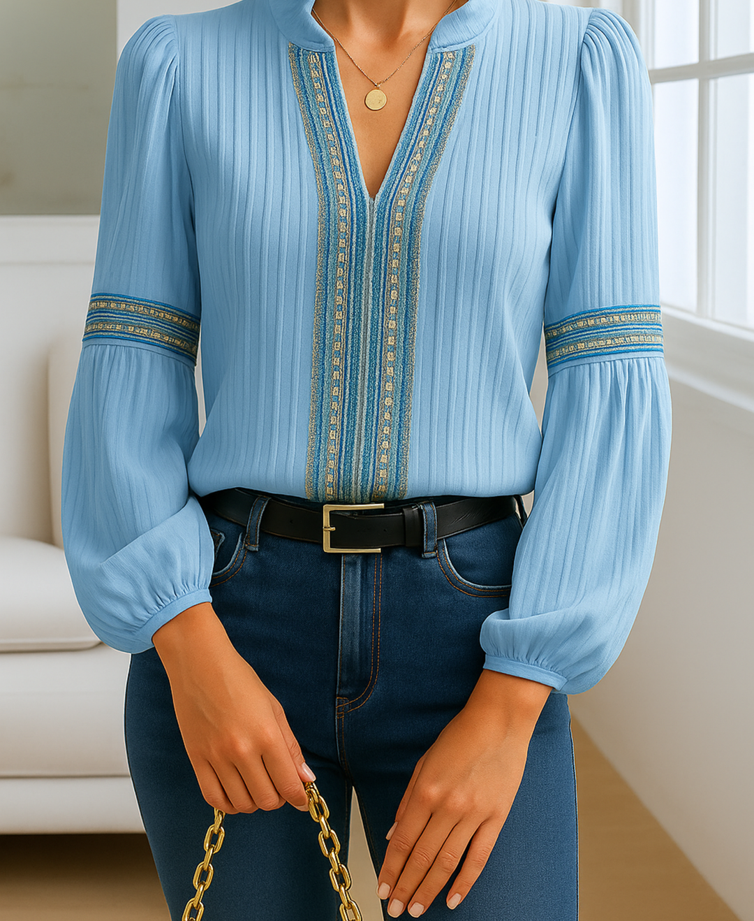 Woman wearing a refined blouse with a soft neckline against a plain background.