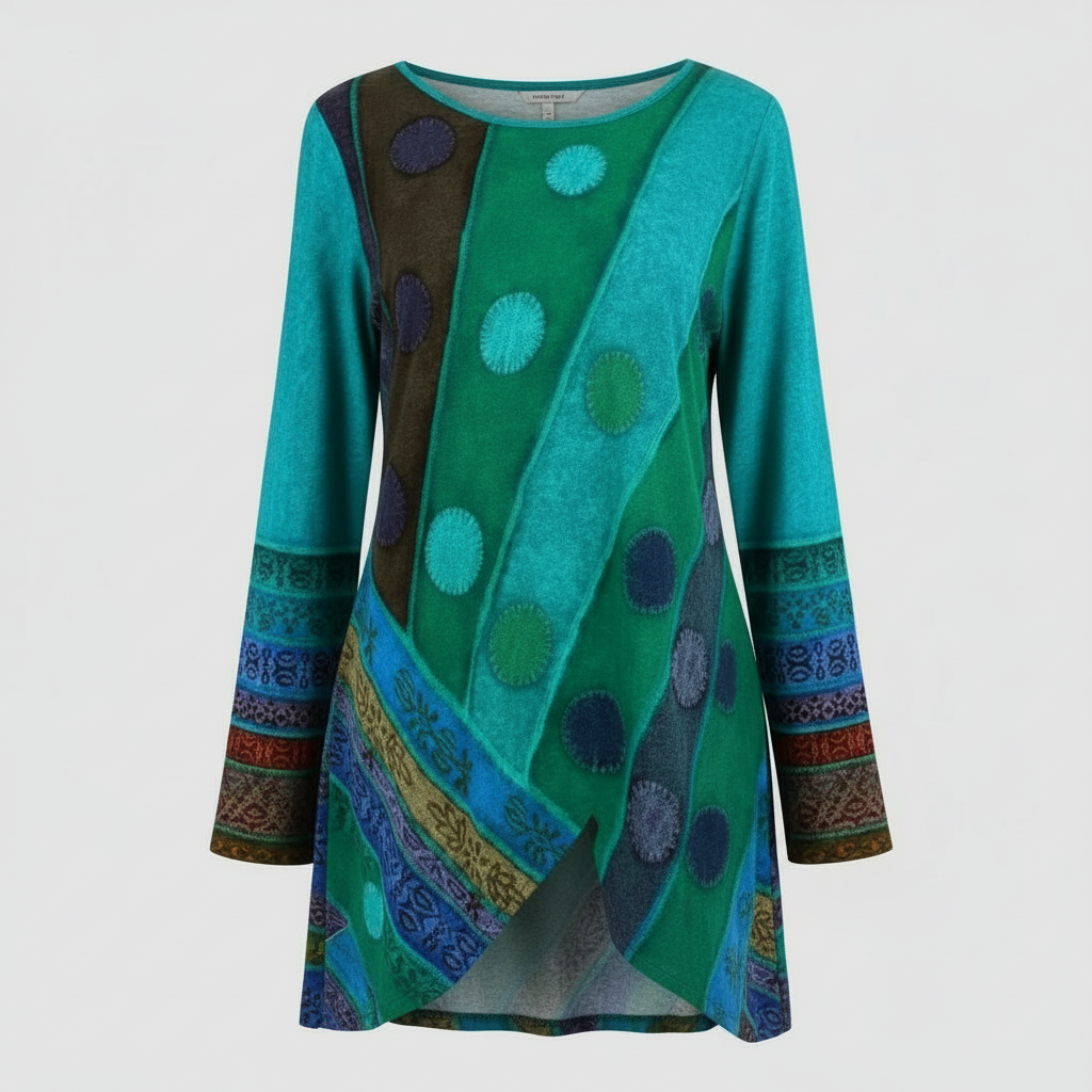 Loose fit tunic with vintage-inspired design elements.