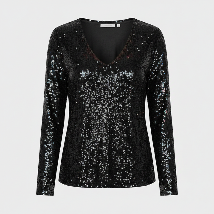 Shimmering V-neck evening top on a plain background.
