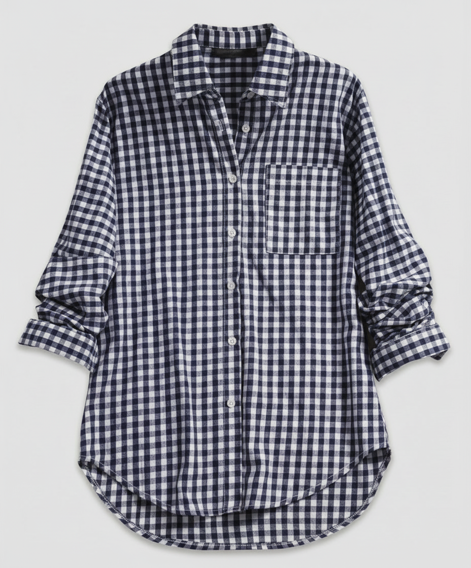 Oversized check blouse styled for everyday wear.