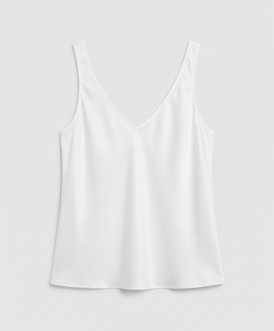 Sleeveless silk top with casual styling.