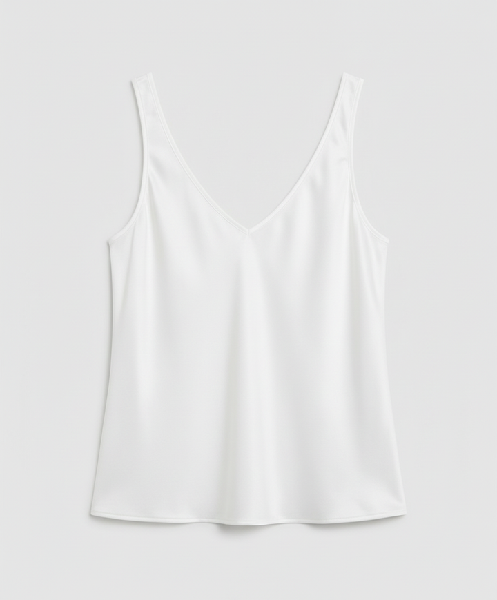 Sleeveless silk top with casual styling.