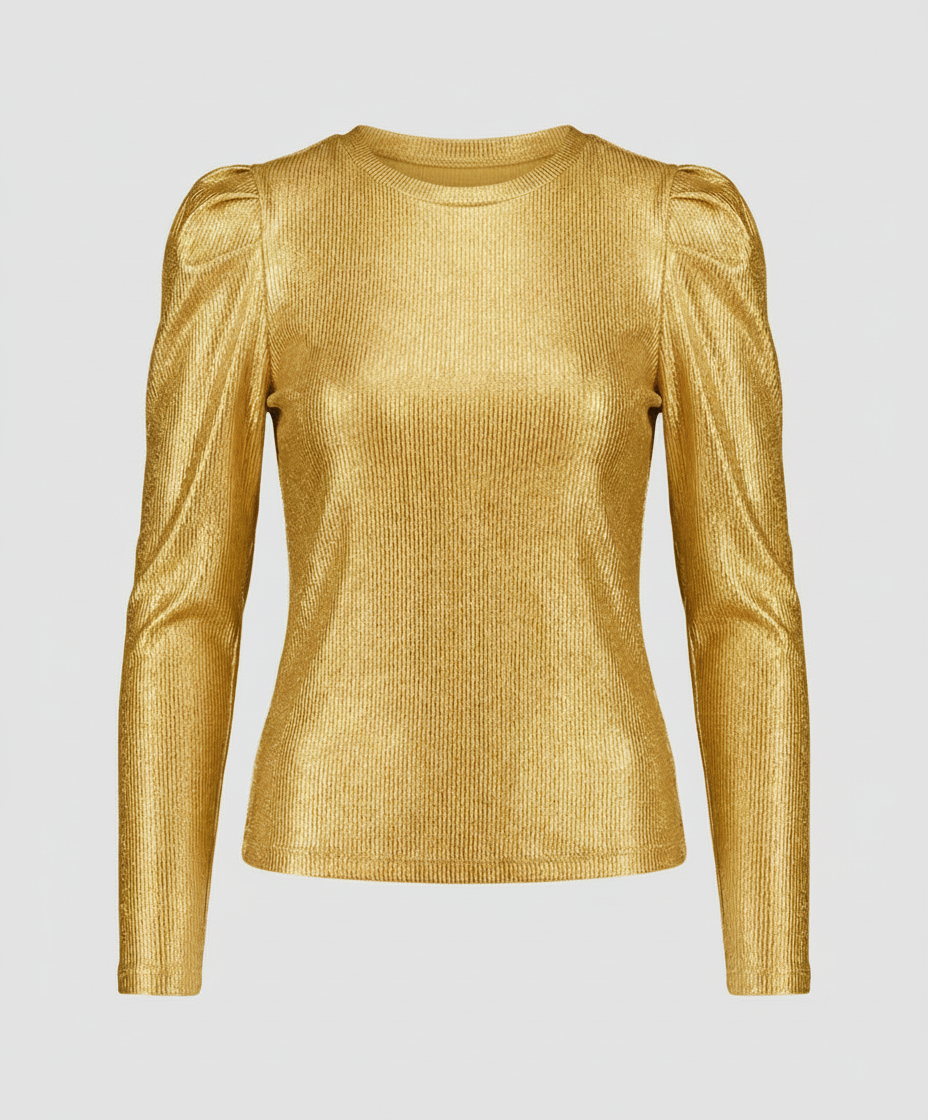 An elegant round-neck top with shimmering texture.
