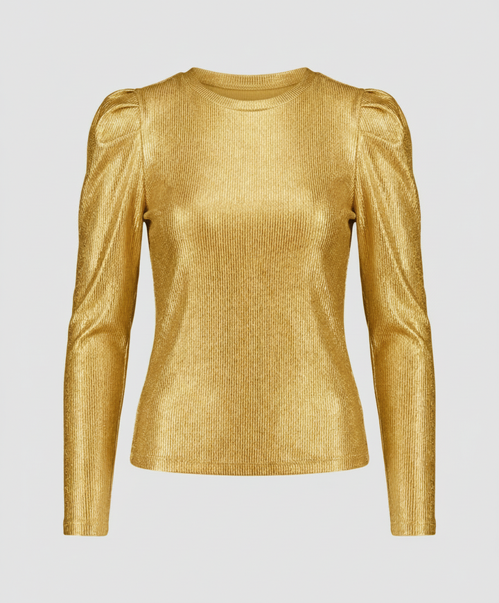 An elegant round-neck top with shimmering texture.
