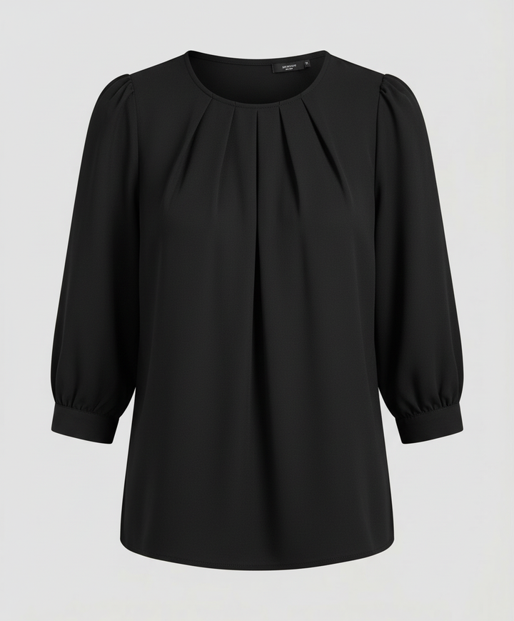 Pleated satin top with an elegant everyday look.