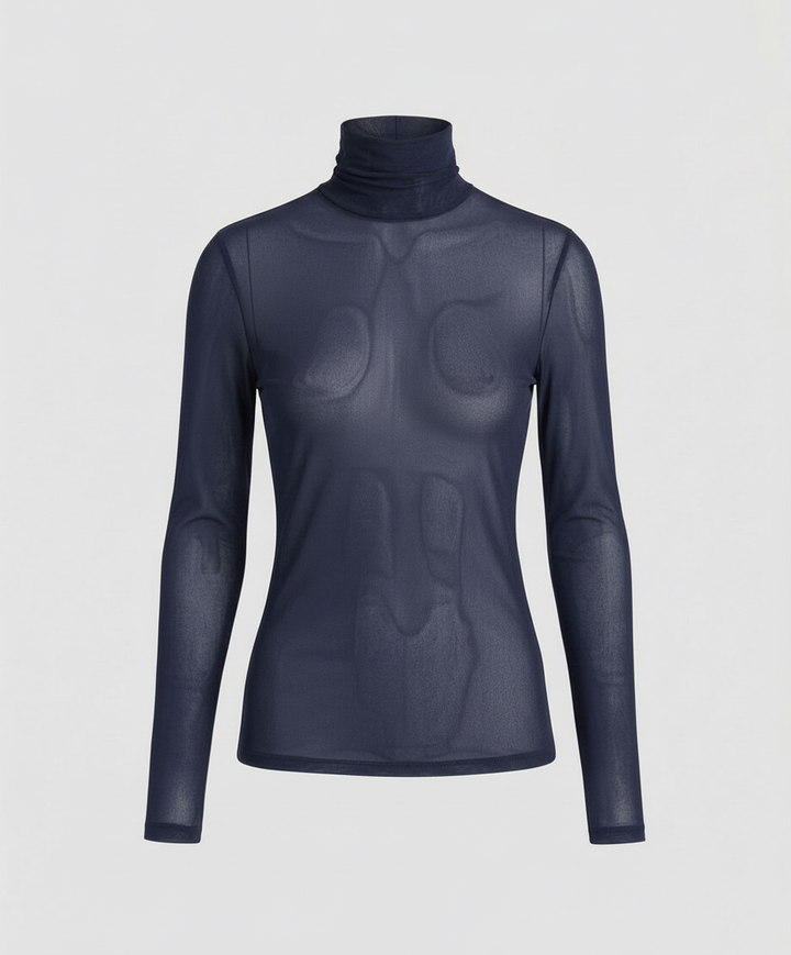 Lightweight turtleneck blouse with a figure-hugging fit.