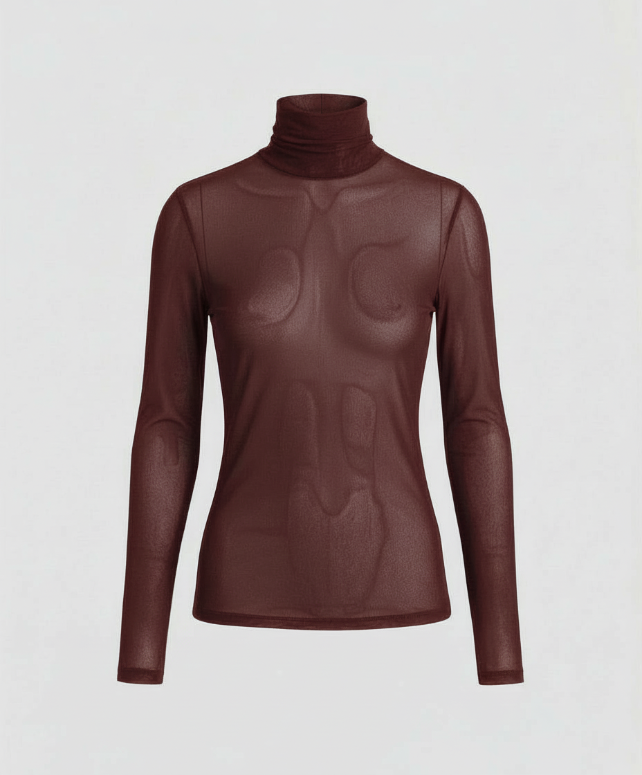 Stylish long sleeve turtleneck top against a plain background.