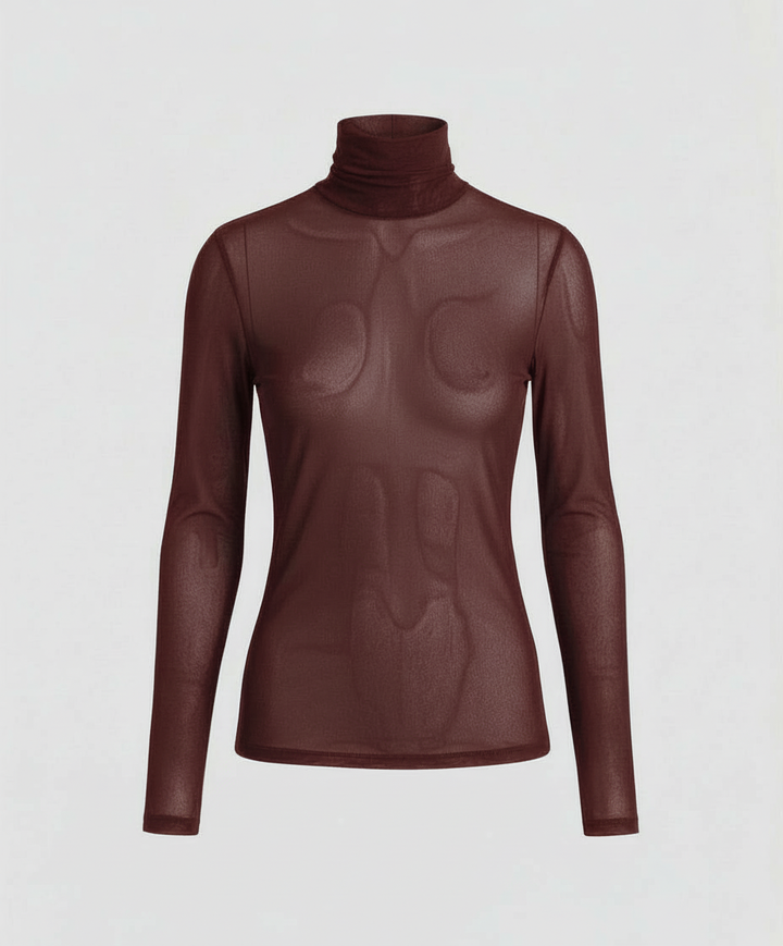 Stylish long sleeve turtleneck top against a plain background.