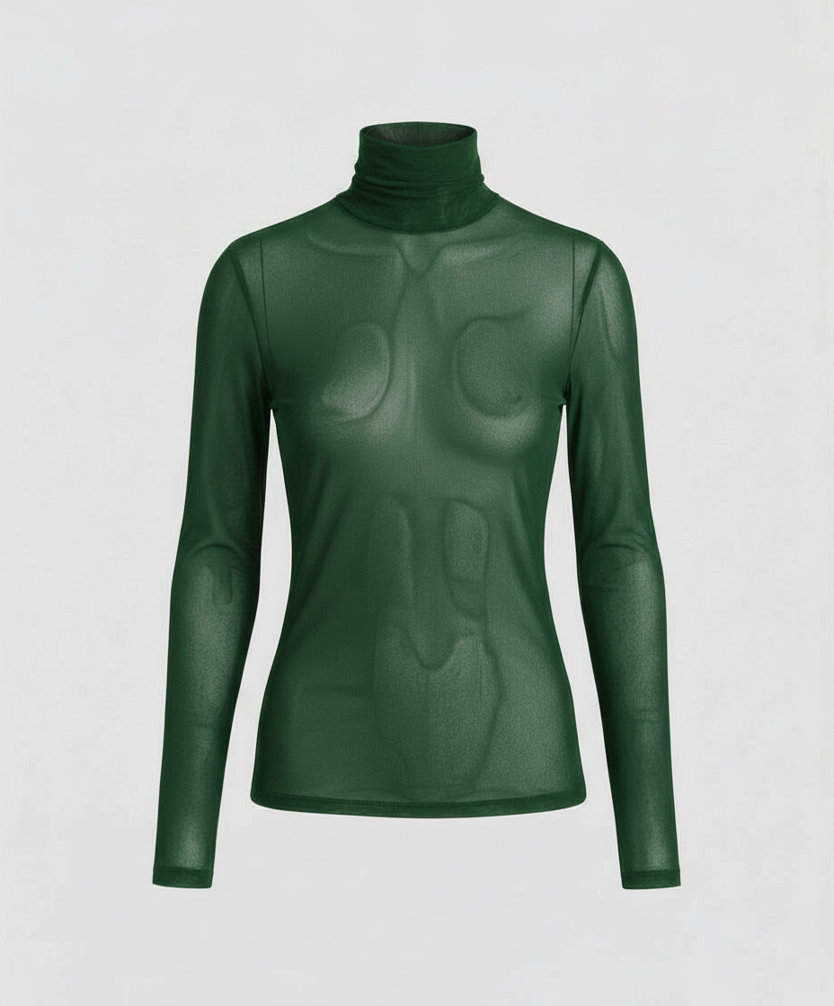 Fitted blouse paired with a clean high neckline.