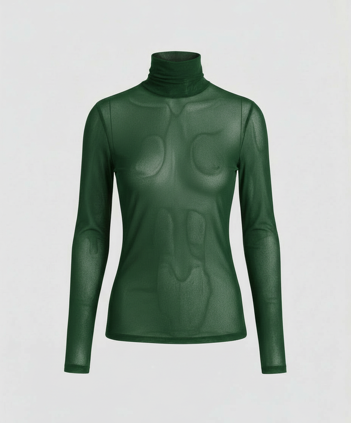 Fitted blouse paired with a clean high neckline.