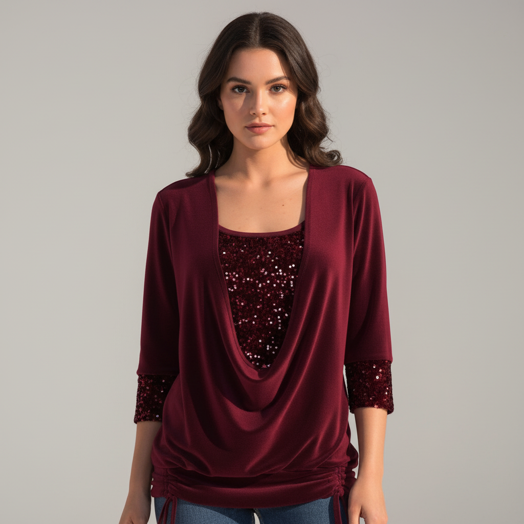 Woman wearing a sequined long-sleeved blouse against a plain background.