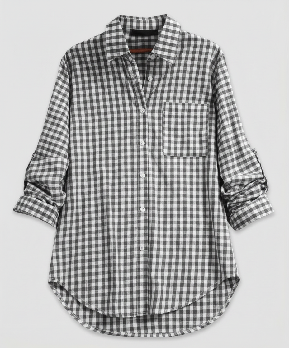 Relaxed checked shirt layered over a simple top.