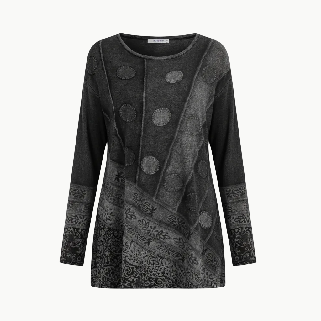 Relaxed longline tunic with colourful pattern detail.