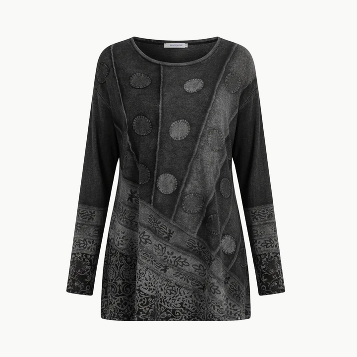 Relaxed longline tunic with colourful pattern detail.