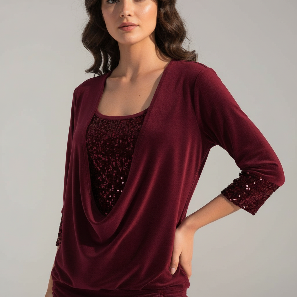 Female modelling a relaxed fit blouse with subtle shimmering details.