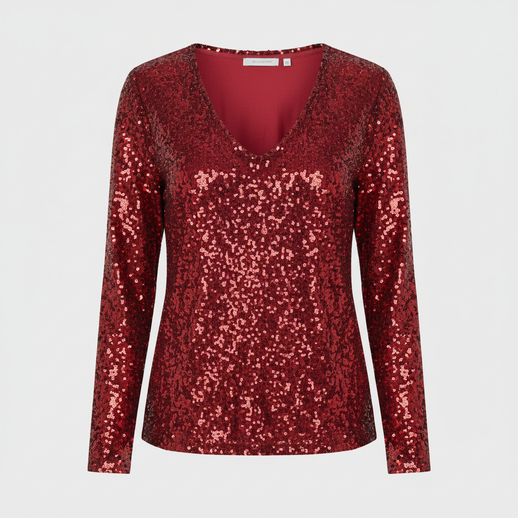 Sequin-look top with a flattering V-neck cut.