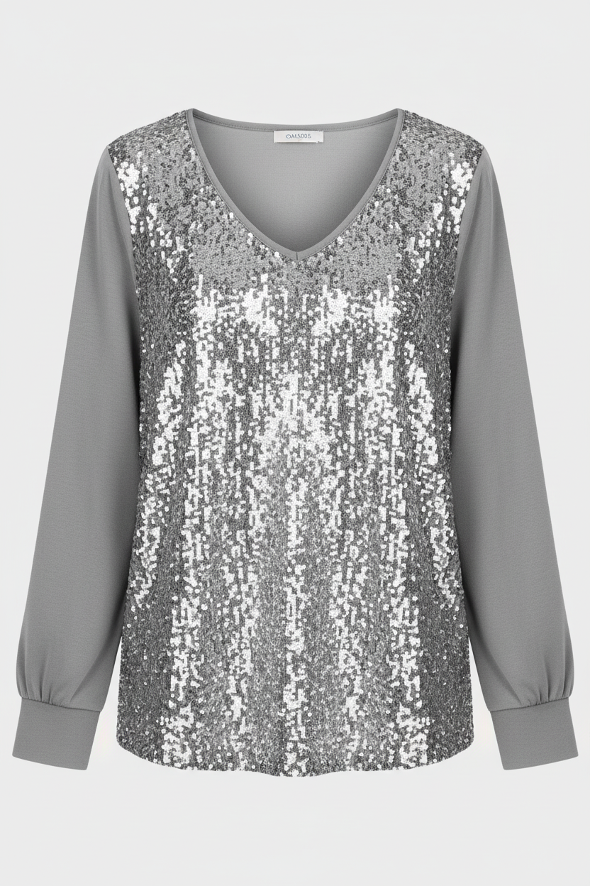 Elegant glitter blouse suitable for casual and evening wear.