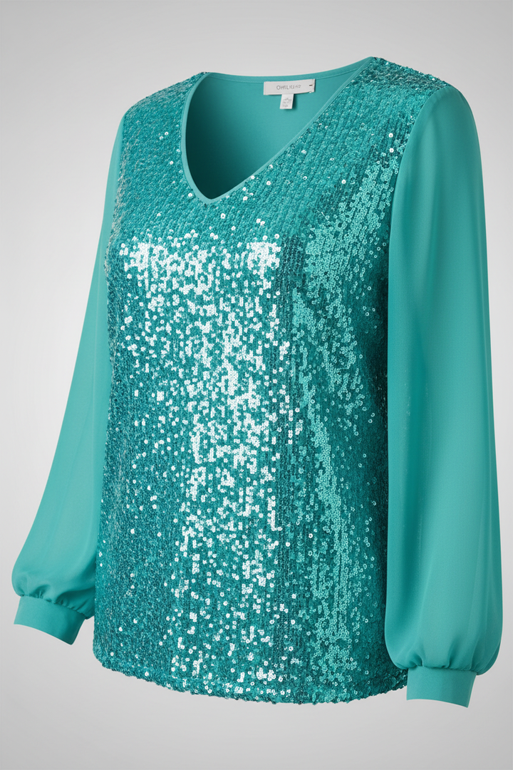 Lightweight shimmer blouse with a feminine neckline.