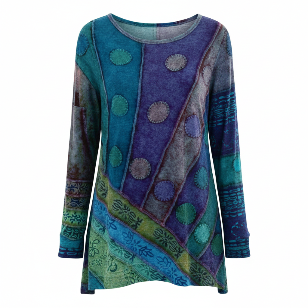 Casual vintage tunic with expressive print styling.