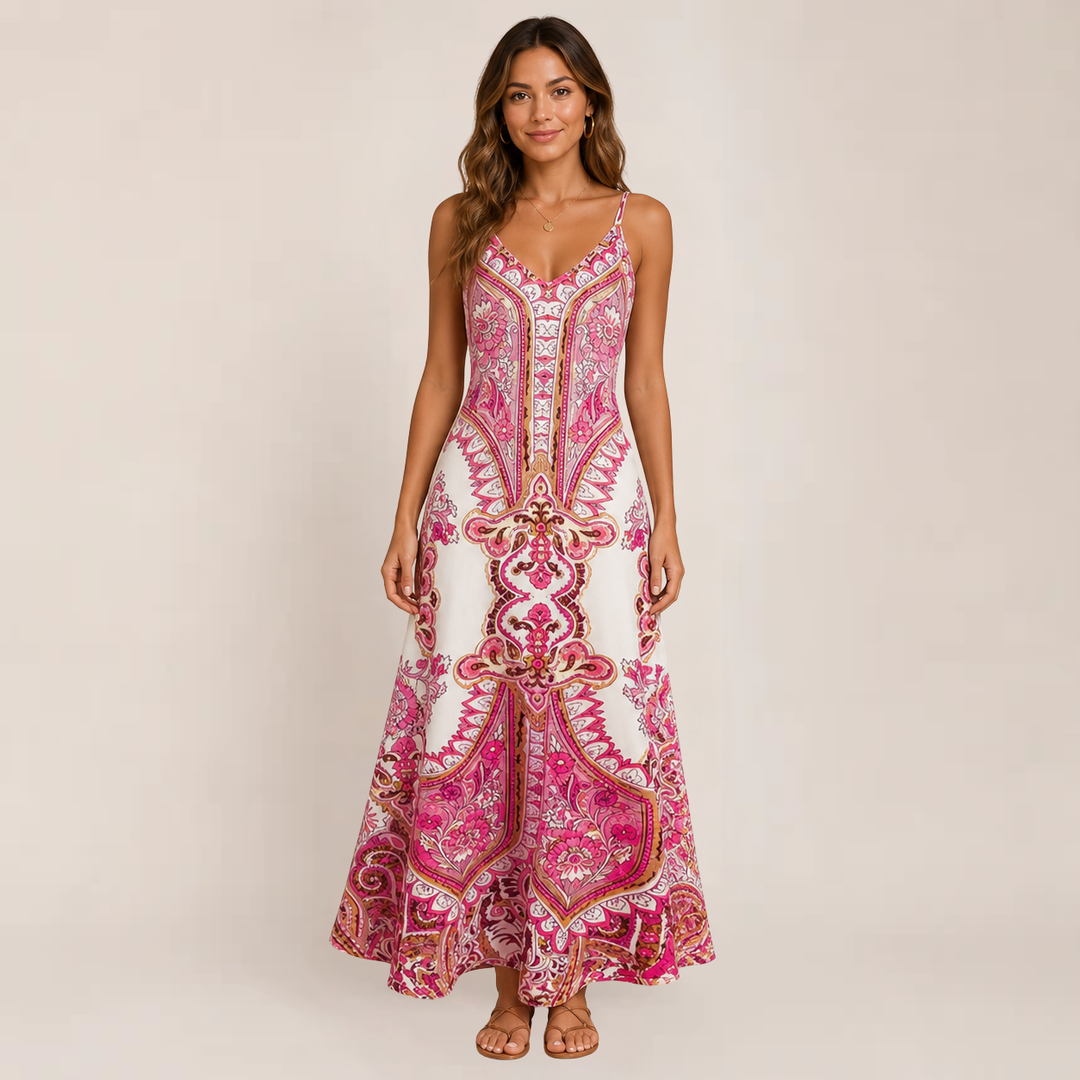 Woman wearing a flowy A-line maxi sundress against a plain background.