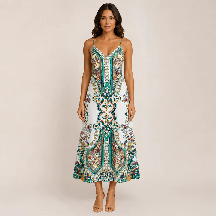 Female model wearing a colorful maxi sundress with a soft draped silhouette.