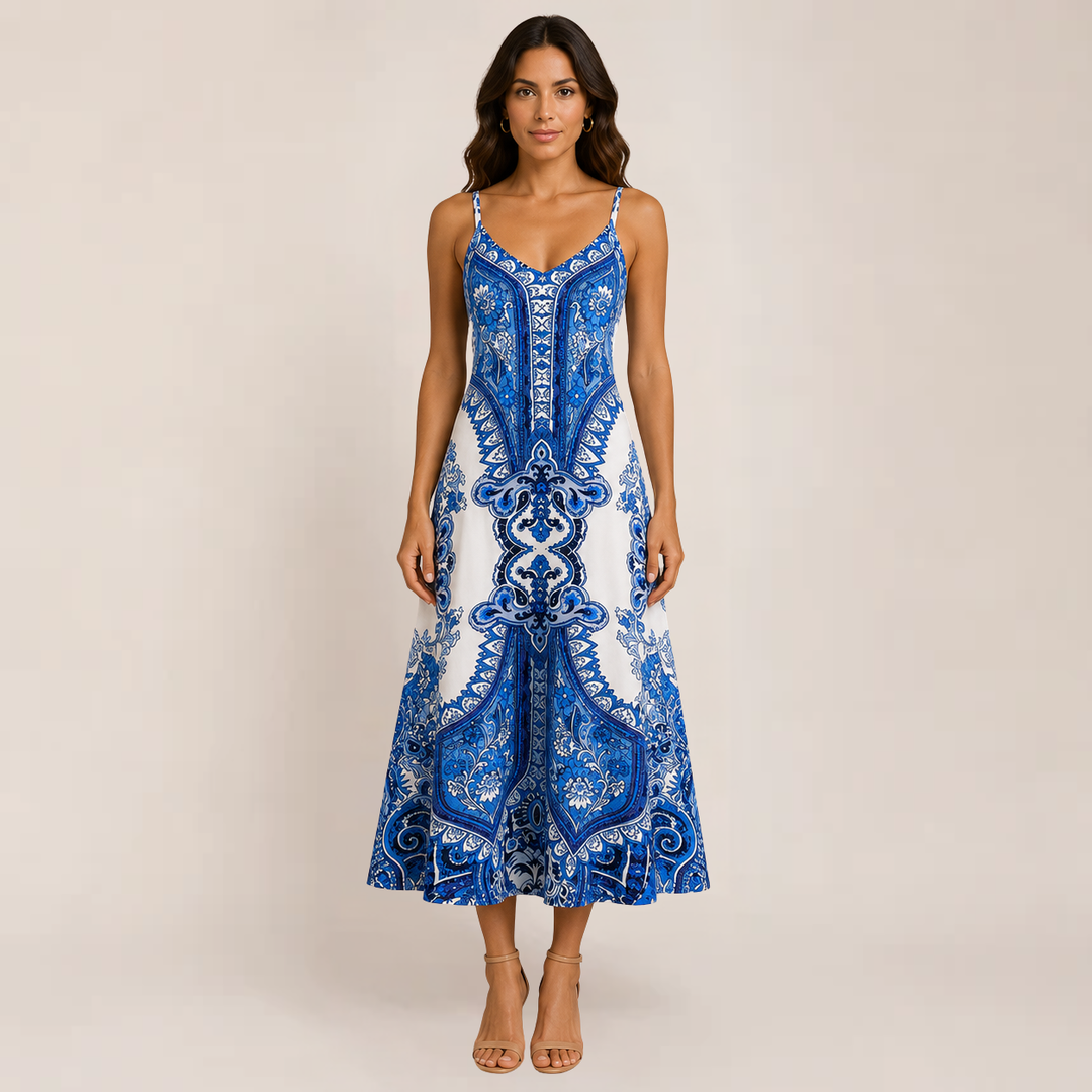 Female model in a long summer sundress with delicate straps on a plain background.