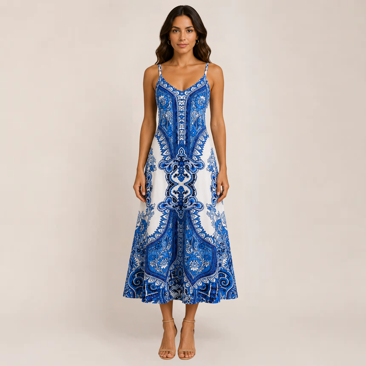 Female model in a long summer sundress with delicate straps on a plain background.
