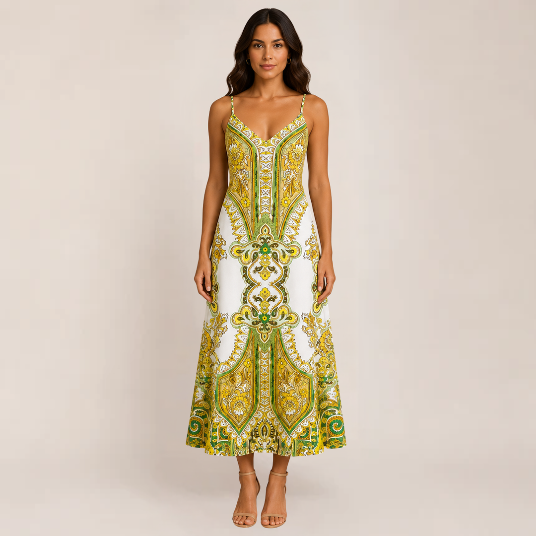Female model wearing a strap maxi sundress for warm-weather styling.