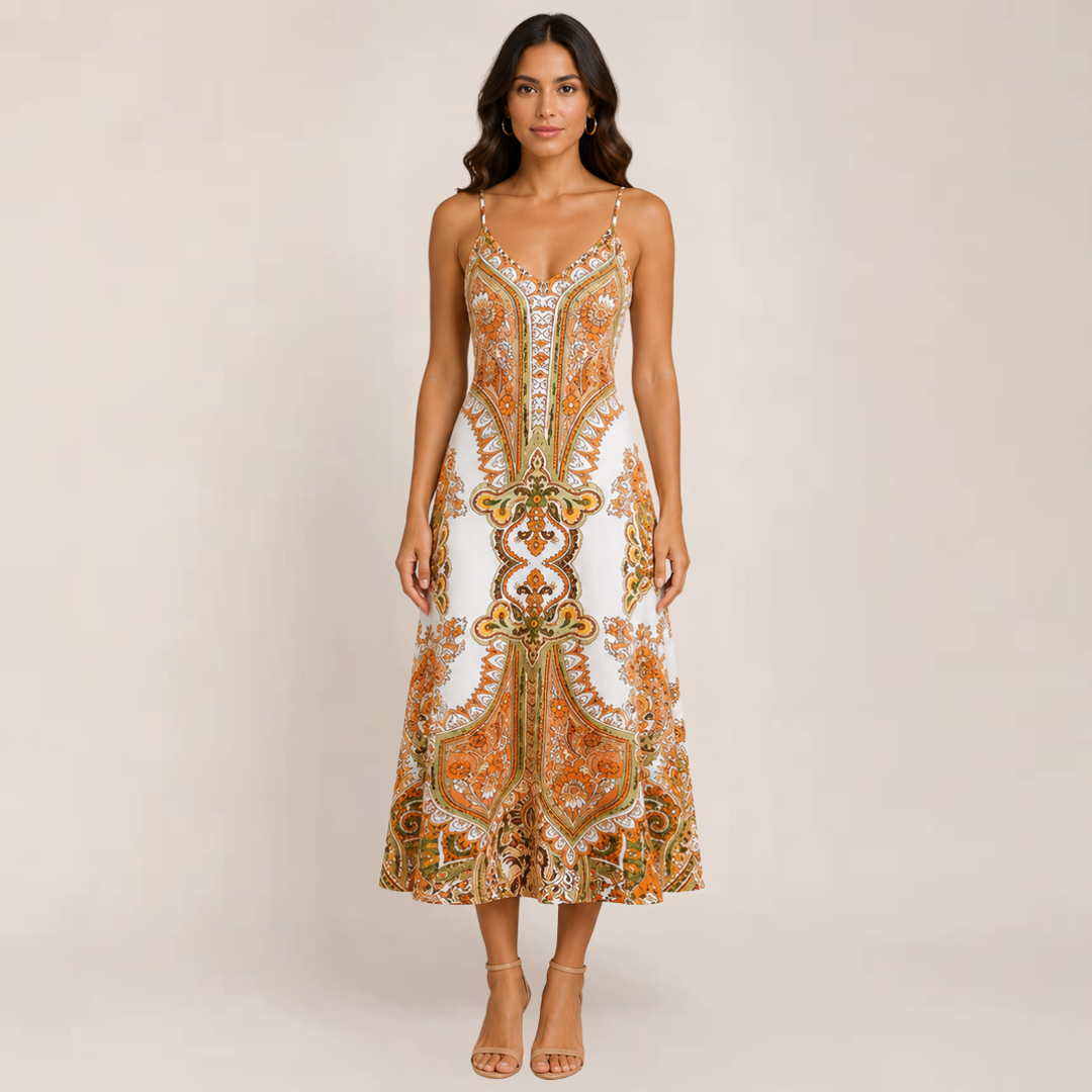 Woman in a flowing long sundress posed against a plain background.