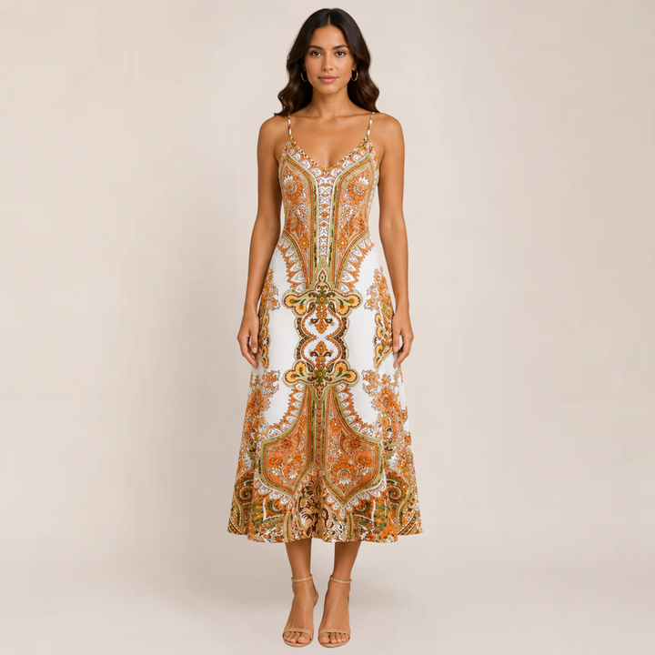 Woman in a flowing long sundress posed against a plain background.