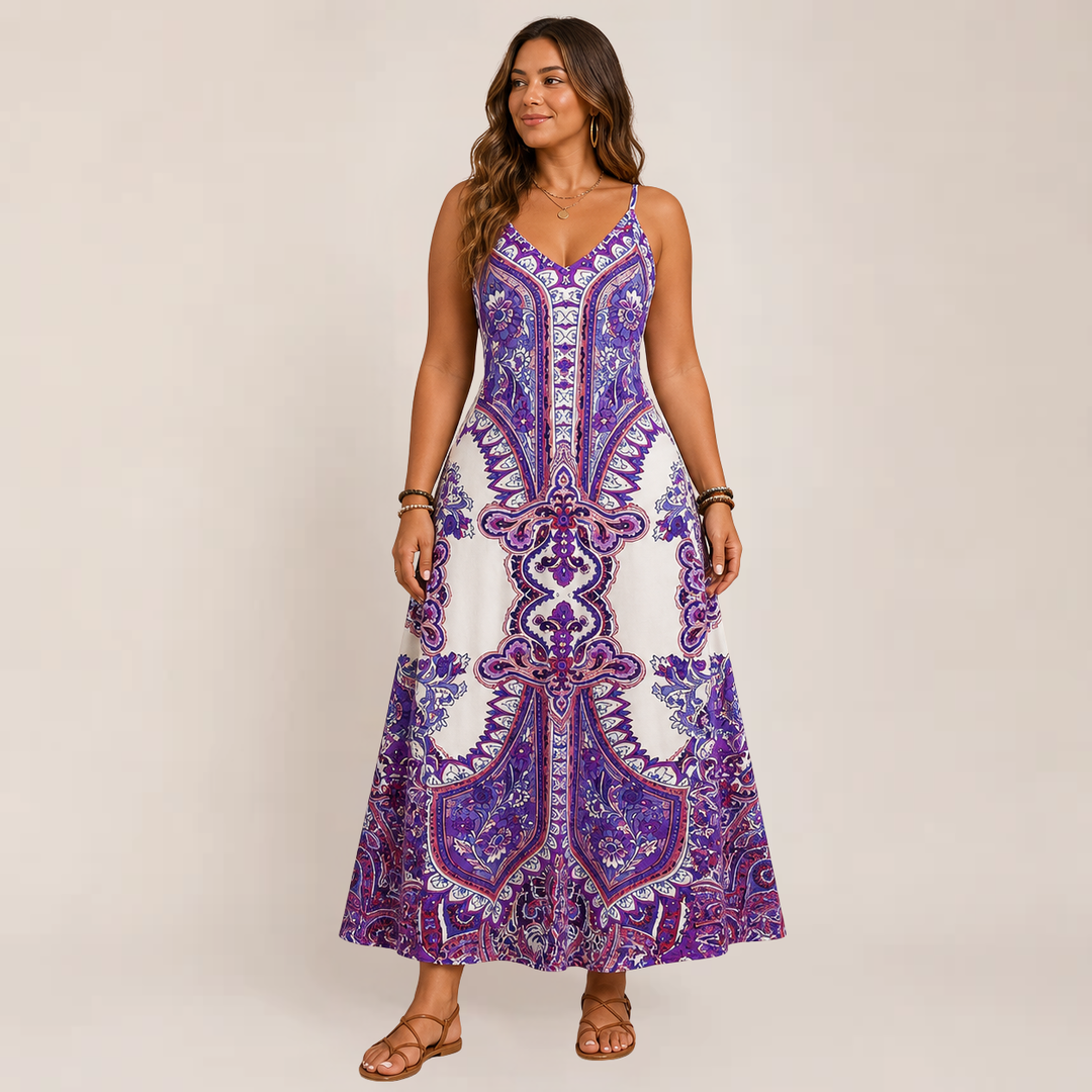 Woman showcasing a breezy maxi dress with a relaxed A-line shape.