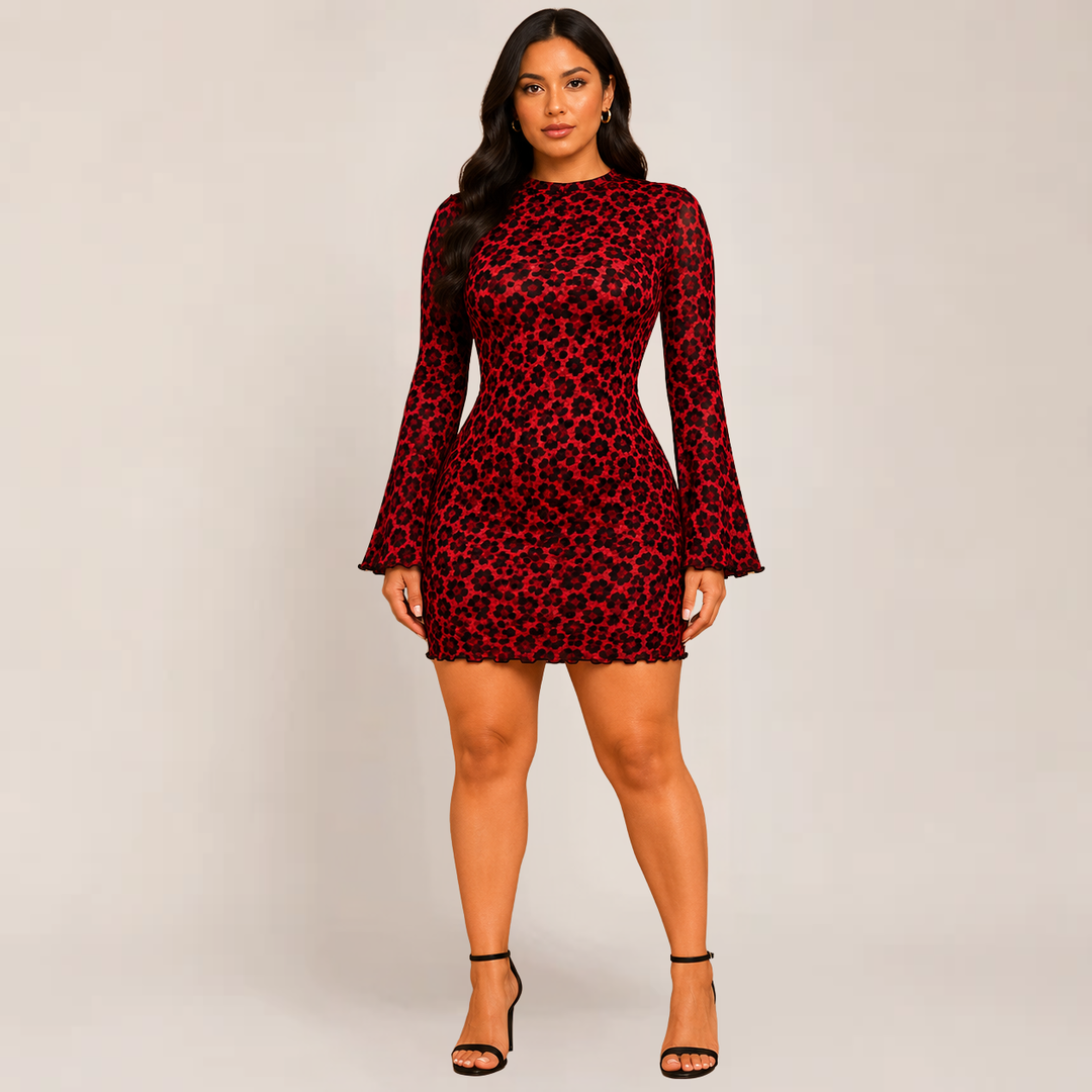 Woman in a fitted leopard print mini dress with long sleeves on a plain background.
