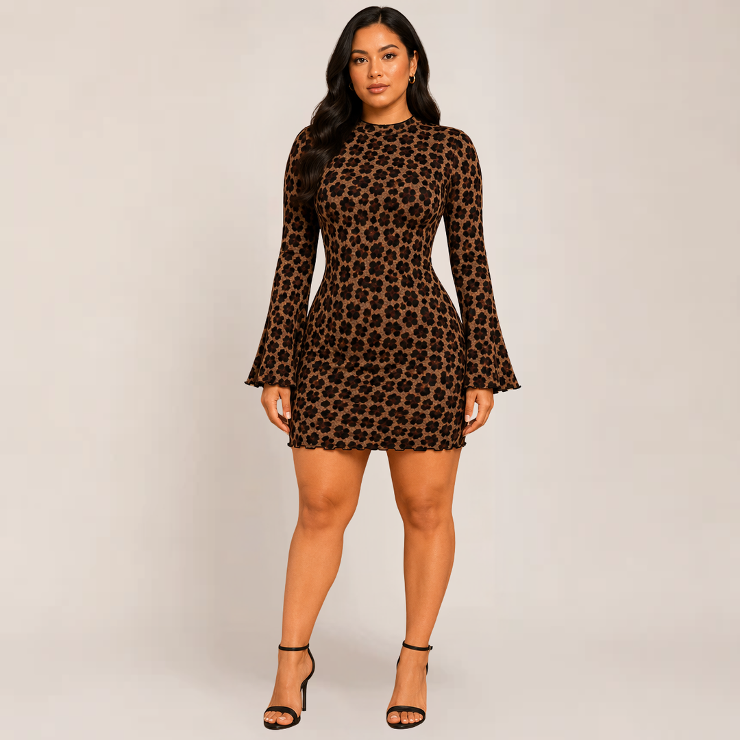 Female model wearing a leopard print long sleeve bodycon mini dress on a plain background.