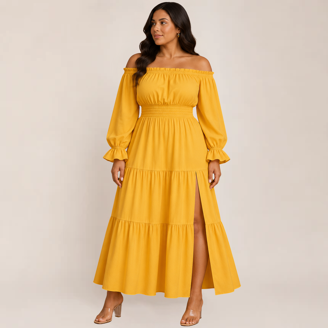 Woman showcasing a lightweight off-shoulder vacation dress on a plain background.