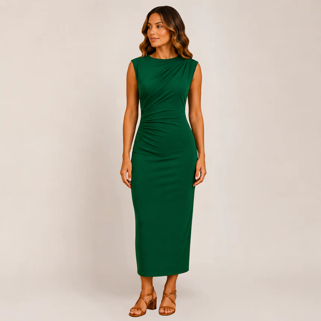 Woman wearing a fitted silhouette dress for formal events on a plain background.