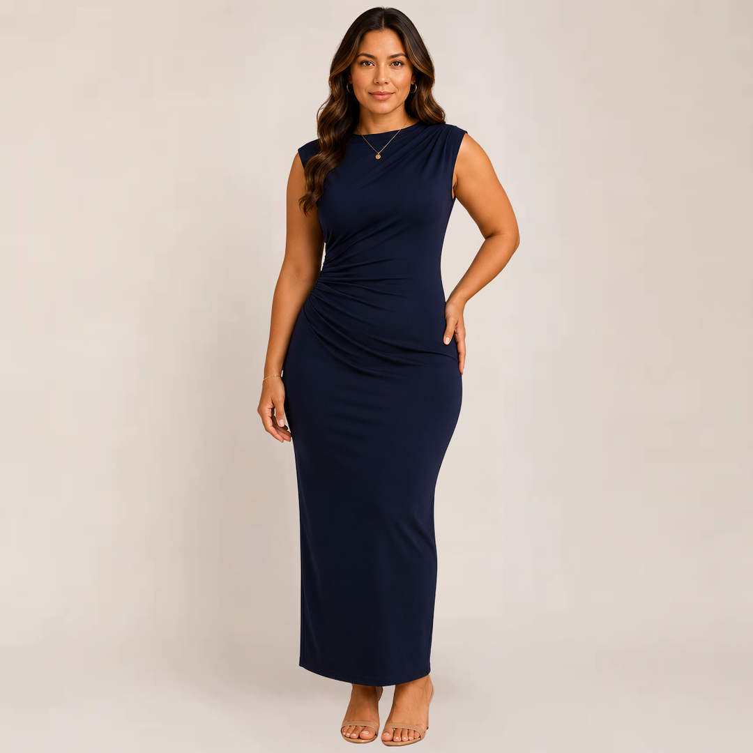 Model wearing a bodycon dress with a back slit detail on a plain background.