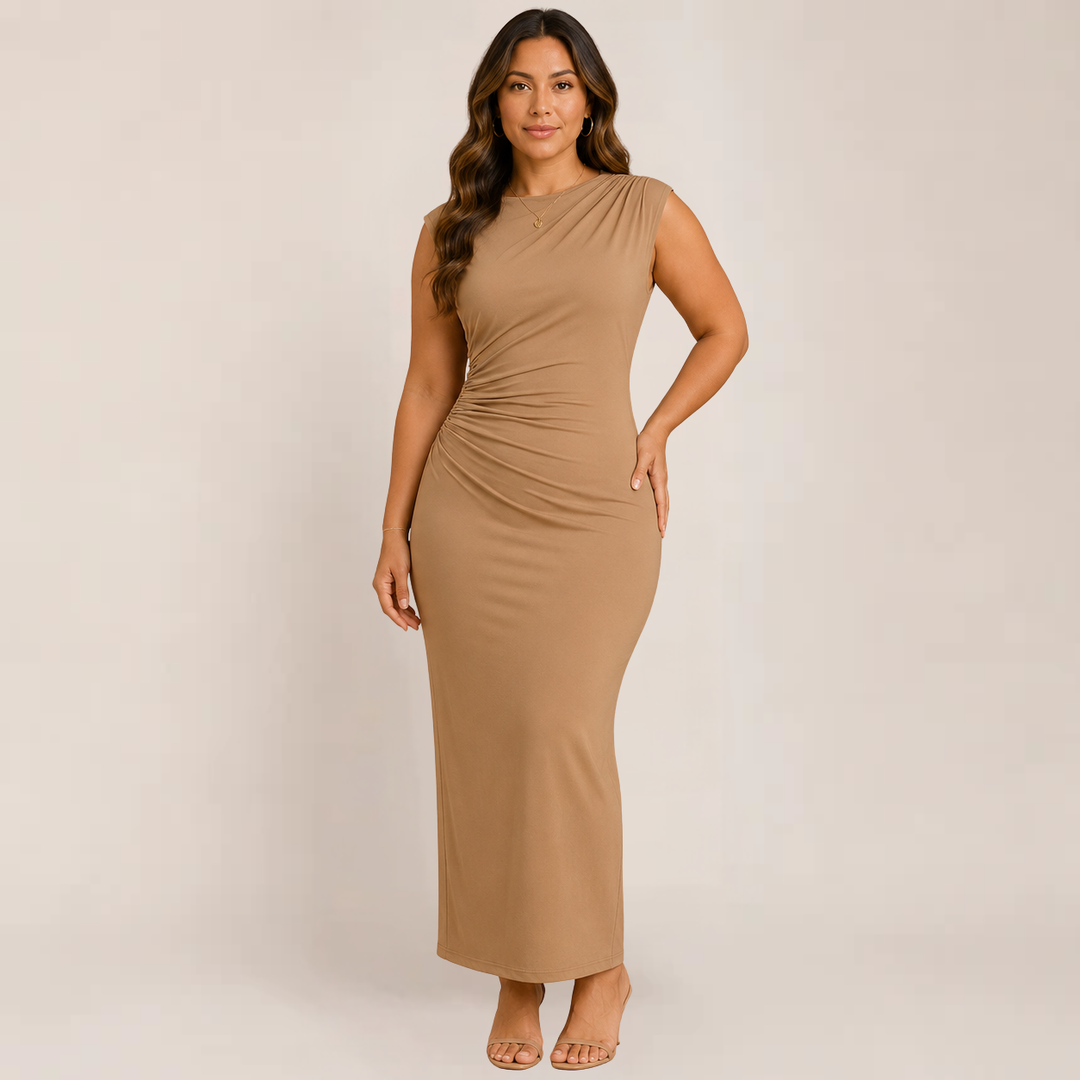 Female model wearing an evening bodycon dress with a smooth shape on a plain background.