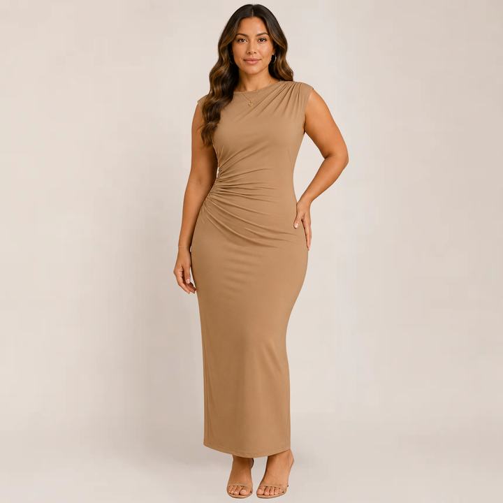Female model wearing an evening bodycon dress with a smooth shape on a plain background.