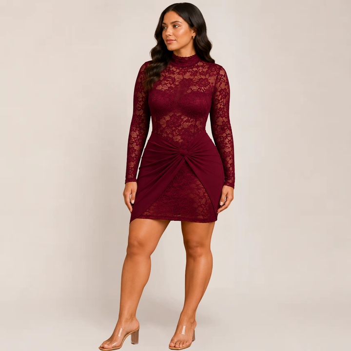 Model wearing an elegant bodycon evening dress with long lace sleeves on a plain background.