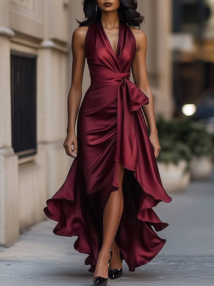 Female model wearing a navy formal gown with flowing ruffle detail on a plain background.