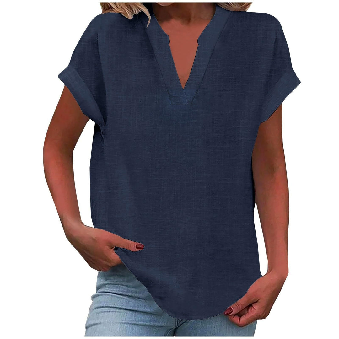  Female in a notched-neck top designed for everyday styling.