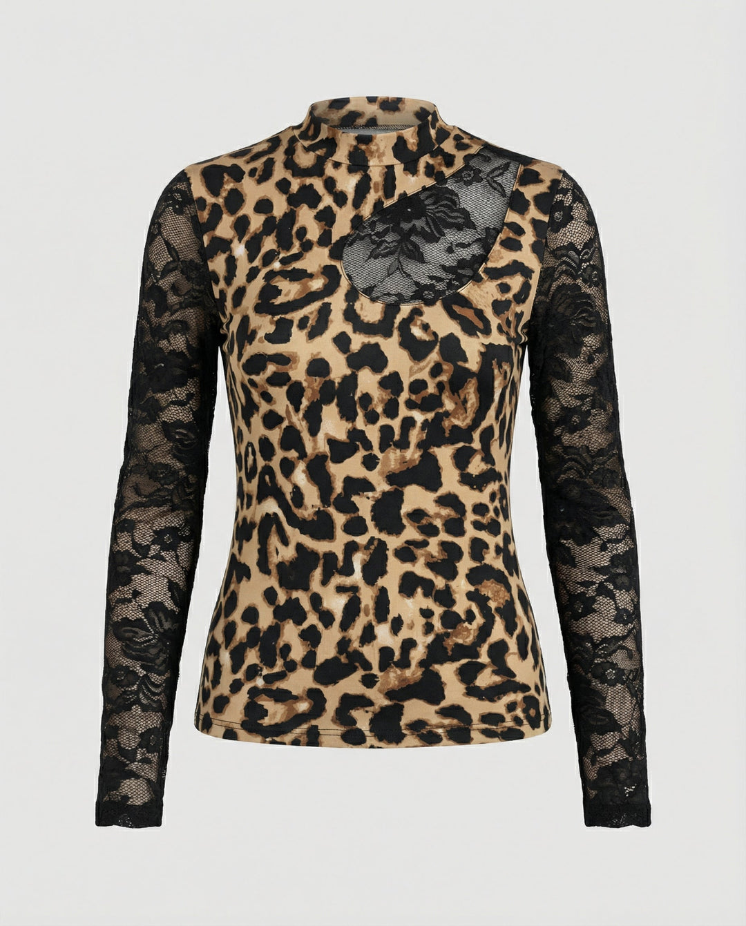 Figure-hugging leopard print top on a plain background.