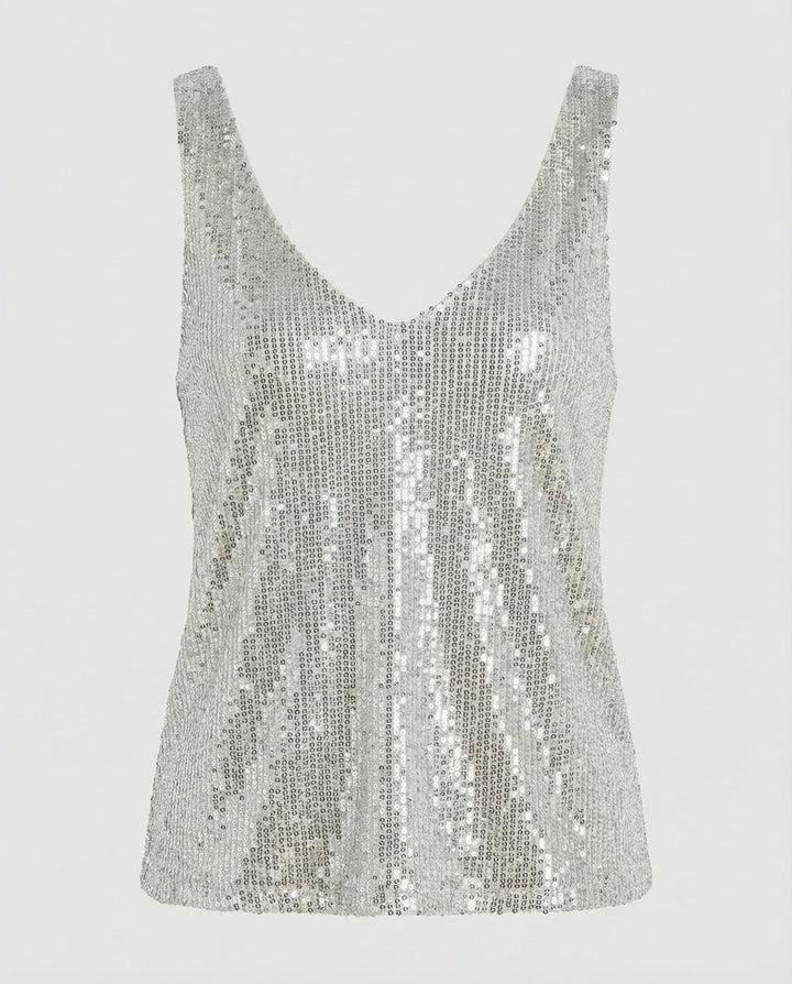 Sparkling V-neck top for evening wear.