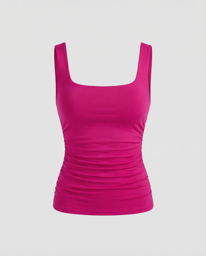 Casual square neck top against a plain background.