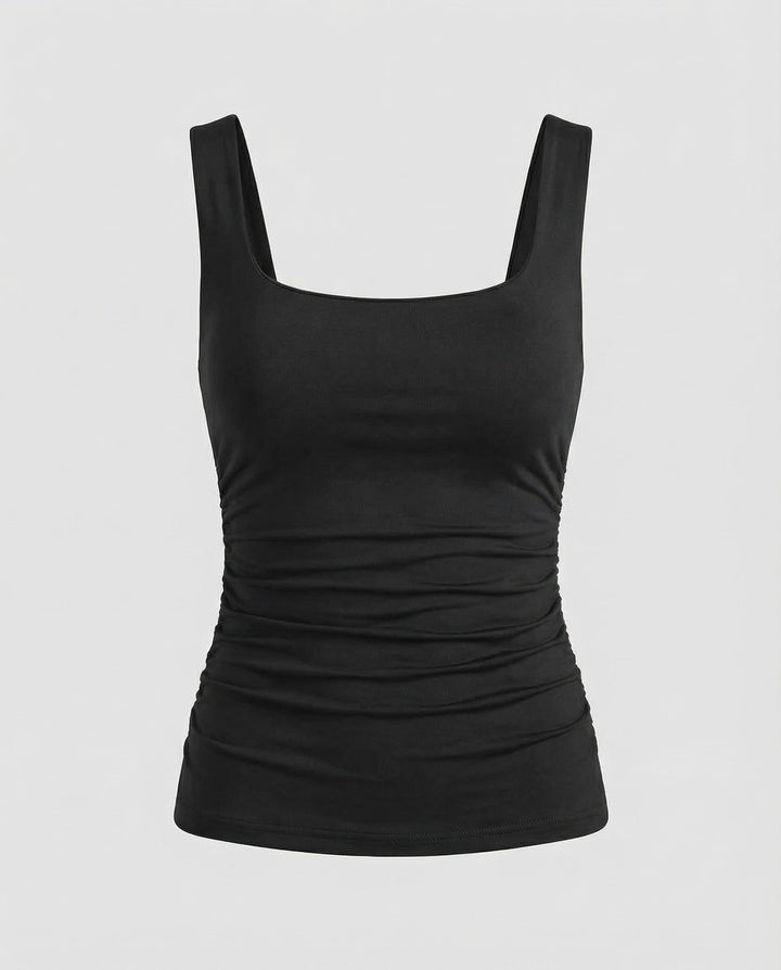 Sleeveless stretch top with wide shoulder straps.