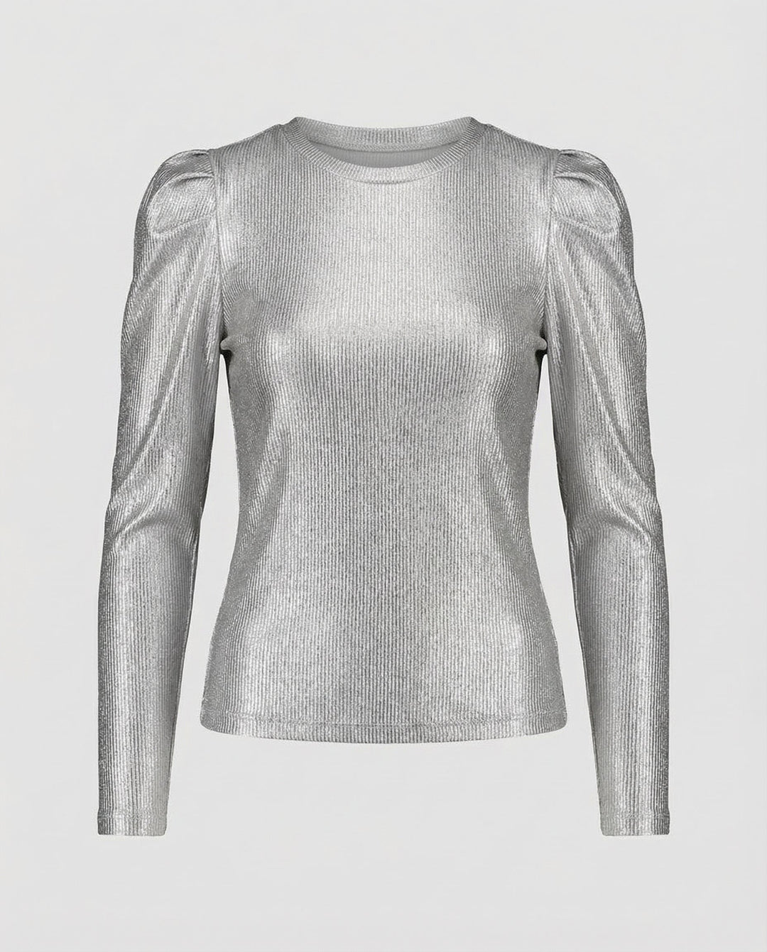 Fitted shimmer top with voluminous sleeve detail.