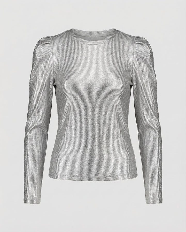 Fitted shimmer top with voluminous sleeve detail.