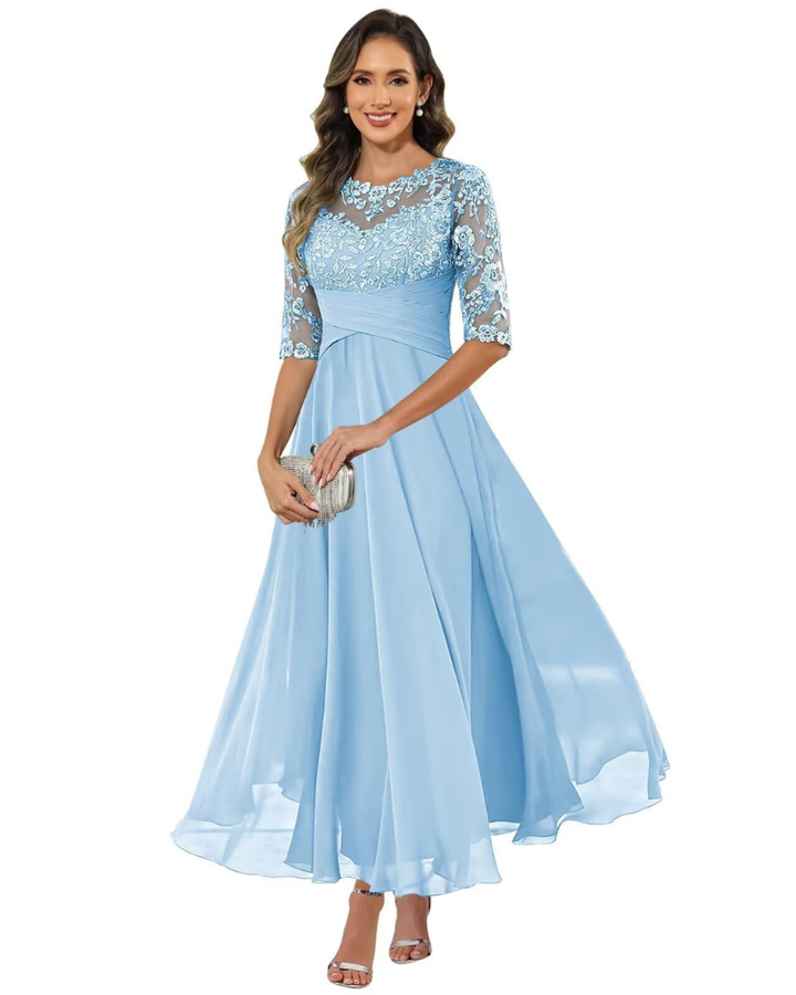 Female model wearing a modest long gown